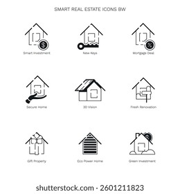 Minimal black and white real estate icons: smart investment, new keys, mortgage, secure home