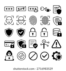 Conjunto mínimo de iconos de seguridad y privacidad en blanco y negro con Contraseñas, identificación facial, autenticación de huellas dactilares, protección de datos, pagos seguros, control de acceso y símbolos de advertencia. Ideal para Sitios web, App móviles, fintech, plataformas SaaS e interfaces de usuario.