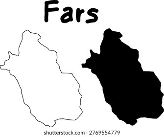 Minimal black and white silhouette map of Fars province featuring outline and solid fill styles, isolated on white background for clean modern design use.
