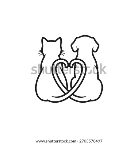 Minimal black and white vector of cat and dog sitting with intertwined tails forming a heart Valentine's Day illustration