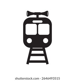 ícone vetor preto e branco mínimo de um trem voltado para a frente com trilhos e buzina, design de silhueta moderna para temas de transporte