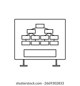 Icono de Vector en blanco y negro mínimo de una estructura organizativa o jerarquía que se muestra en un panel de presentación. Ideal para su uso en recursos humanos, gestión corporativa, flujo de trabajo, estructura de equipo y planificación