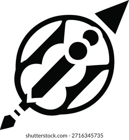 Icono de Vector blanco y negro mínimo que ilustra un lápiz integrado con un globo terráqueo y una flecha, que simboliza la creatividad, la comunicación global, la creación de contenido, la educación, la escritura, el diseño y las ideas mundiales. Adecuado para branding, logotipos, App, Sitios web y conceptos editoriales.