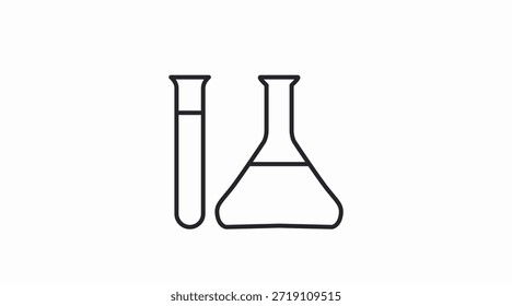 Icono de Vector blanco y negro mínimo con un matraz de laboratorio y tubo de ensayo. Ideal para proyectos científicos, App en química, materiales educativos, guías de seguridad de laboratorio, investigación médica
