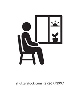 Icono de Vector blanco y negro mínimo de una persona sentada junto a una ventana con la planta y la salida del sol que representan un concepto de IA