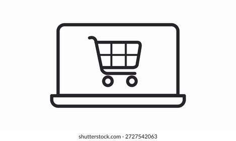 Minimal black and white vector icon of a laptop featuring a shopping cart symbol, representing online shopping, ecommerce platforms, and digital retail. Clean, scalable, and versatile for websites, mobile apps, dashboards, and UI,UX design. Perfect for illustrating online stores, digital transactions, and modern ecommerce interfaces.