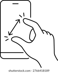 Minimal black and white vector icon of hand performing pinch to zoom on smartphone screen, representing multitouch gesture, screen scaling, zoom in and zoom out interaction for mobile UI and app design.