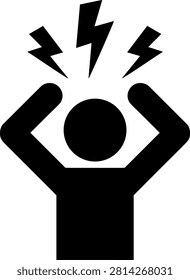 A minimal black and white vector icon depicting a person silhouette holding their head with lightning bolts above. This graphic element is ideal for mental health awareness campaigns, medical articles on migraines, and stress management apps.