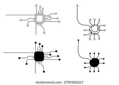 Minimal black and white vector icons of microchips and neural circuits for modern tech design.