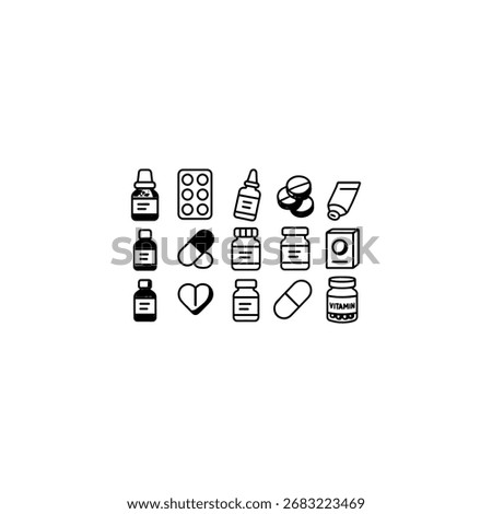 Minimal black and white vector icons for over-the-counter medicine - cough syrup, pain relief tablets, nasal spray, throat lozenges, topical cream, and vitamin jar in outline style