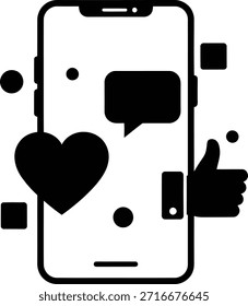 Ilustración vectorial mínima en blanco y negro de un teléfono inteligente con íconos de interacción de redes sociales que incluyen burbuja de chat, corazón y gustos. Diseño plano limpio adecuado para Sitios web, App móviles, diseño UI UX, materiales de marketing, presentaciones y conceptos de comunicación digital. Aislado sobre fondo blanco, formato de Vector editable.