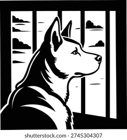 Minimal black and white vector illustration of a dog sitting behind cage bars looking outside. Symbol of animal shelter, rescue, adoption awareness, and protection campaign concept.