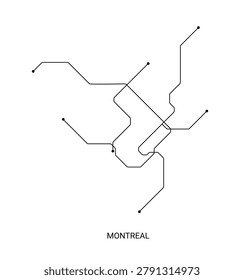 Minimal black and white vector illustration of an approximate Montreal metro map with clean lines and station dots.