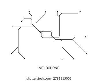 Minimal black and white vector illustration of an approximate Melbourne metro map with route lines and station points.
