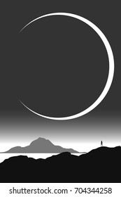 minimal black and white vector landscape, man watching eclipse