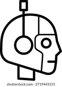 Mínimo Vector en blanco y negro de una cabeza robótica o cyborg en vista de perfil, con segmentos mecánicos y una antena. Este diseño estilizado representa inteligencia artificial, tecnología futurista y aprendizaje automático. Ideal para marca tecnológica, conceptos de IA, temas de ciencia ficción y contenido centrado en la innovación.