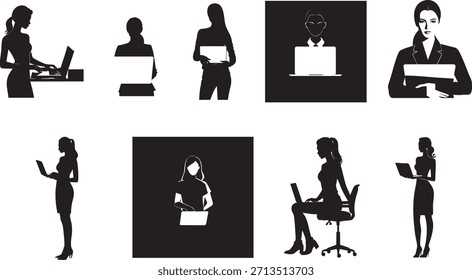 Minimal black and white vector silhouettes of professional women using laptops. Ideal for business, technology, remote work, corporate and digital lifestyle concepts.