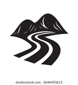 vetor preto e branco mínimo de uma estrada de montanha sinuosa, paisagem abstrata com picos e curvas no estilo silhueta moderno