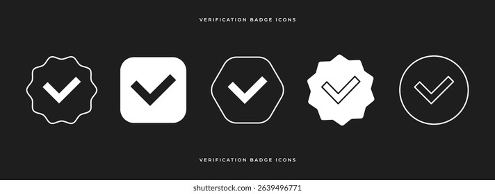 Minimal black and white verification badge icons. Includes outlined and filled checkmarks in various shapes. Ideal for UI, social profiles, approval status, and identity confirmation.
