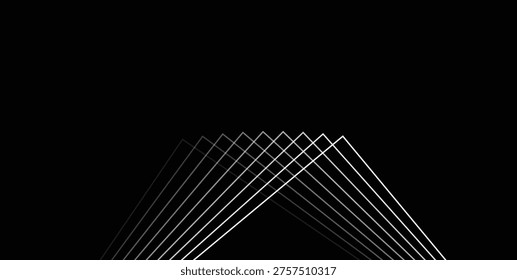 Minimal black-and-white composition of repeating geometric lines creating a mountain-like chevron and triangle pattern. High-contrast, symmetrical design evokes modern architecture, technology, movement, balance, and visual rhythm. 