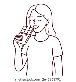 Minimal black-and-white line art of a girl holding and eating a chocolate bar, smiling and enjoying her treat