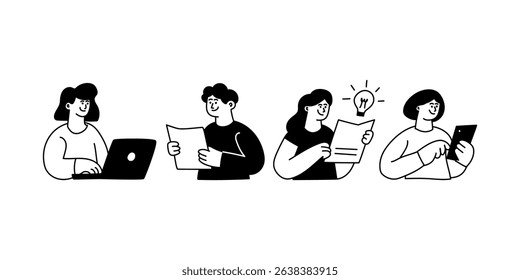 A minimal black-and-white vector illustration of people collaborating, presenting data, working on laptops, sharing ideas, and communicating through devices and a megaphone. The clean, modern line art