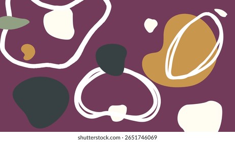 Minimal blobs in white, mustard, and black layered on a deep plum base with loose contour lines. A modern, soft abstract layout.