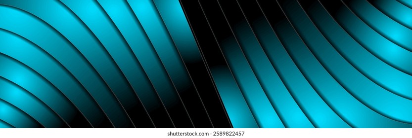 Minimal blue and black curved striped abstract geometric background. High contrast tech vector banner design