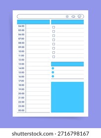 Minimal blue daily planner template with hourly timetable, checkbox task list, weather icon header and large notes block. Clean vector printable page layout.