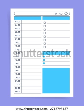 Minimal blue daily planner template with hourly timetable, checkbox task list, weather icon header and large notes block. Clean vector printable page layout.