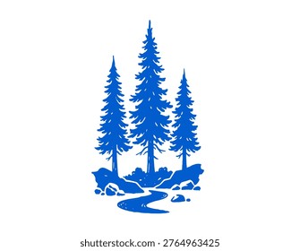 Minimal Blue Forest Path and Tree Silhouette Illustration, Abstract Nature Landscape Artwork with Winding Road in Modern Graphic Style