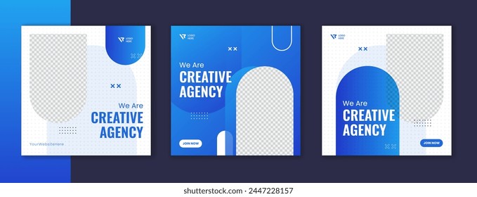 Minimal Blue gradient corporate social media post design, sky color business square template set with white stroke