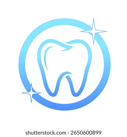 Minimal blue gradient vector of a clean tooth with sparkle effects inside a circle. Ideal for dental, oral care, or hygiene-related concepts