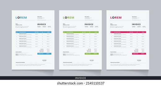 minimal blue, green and red invoice template vector design