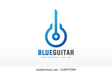 Minimal Blue Guitar Musical Logo Design Vector Icon Symbol Illustration.