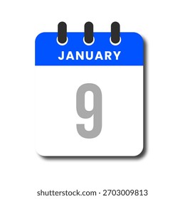 Minimal blue January 9 flat calendar vector, ideal for planner and productivity applications.