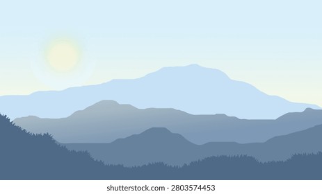 Minimal Blue Layered Mountain Landscape Silhouette with Sunrise Sky Background