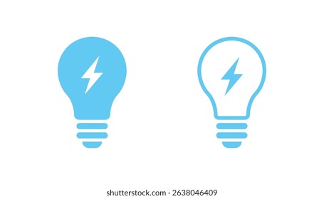 Minimal blue light bulb icons with lightning bolt symbol, representing electricity, energy, or innovation. Includes solid and outline versions.