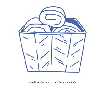 Minimal blue line art of soft rolled towels in a woven basket. Cozy home organization and bathroom hygiene concept. Clean vector isolated illustration for interior or housekeeping themes.