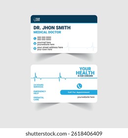 Minimal blue medical business card design for doctors, hospitals, or medical institutions. Professional layout with editable text areas. Ideal for use in print and branding for healthcare services.