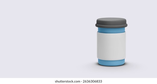Minimal Blue Medical Vial With Blank White Label And Gray Cap On Light Background. Ideal For Healthcare, Laboratory, Or Pharmaceutical Designs. Professional And Clean Vector Illustration.
