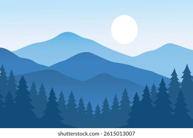 Minimal blue mountain forest silhouette landscape with pine trees and rising sun. Perfect vector for backgrounds, outdoor themes, nature scenes, or calming scenic illustrations.