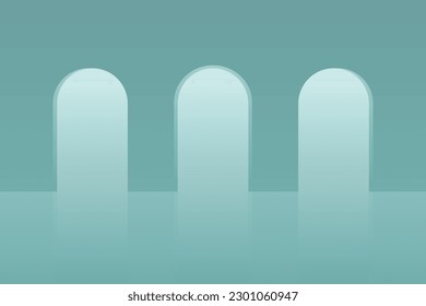 pantalla de fondo azul mínima de tres arcos en el suelo de color azul y fondo de pared 3d ilustración vector para poner el objeto