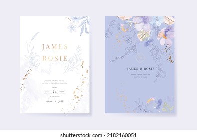 Minimal blue Wedding Invitation, floral invite thank you, rsvp modern card Design  with golden line decorative Vector elegant rustic template