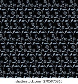 Un patrón floral azul-gris minimalista sin fisuras sobre un fondo negro, con Pequeñas flores y vides. Ideal para tela, Fondo de pantalla, papel de embalaje y diseño de superficies