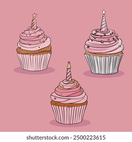 Minimal boho birthday cake clipart cartoon illustration of a cupcake in pink