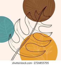 Ilustración abstracta botánica boho mínima con hojas dibujadas a mano, Formas orgánicas y colores neutros en tonos tierra para la decoración y los fondos de pared modernos.