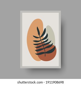 Minimal boho botanical wall art poster. Hand drawn tropical exotic leaves with composition and neutral pastel color, decor composition for luxury bohemian interior design. Abstract vector background