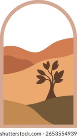Minimal boho Greek-inspired scenery with olive tree and hills – Design illustration for decoration, wall decor, wallpaper, cover, banner.