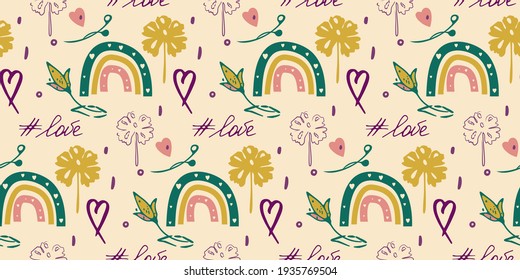 Minimal boho ink painting style seamless pattern, hand drawn doodle rainbow, heart, flower images, Love word lettering. Dark green, gold yellow, pink color palette. Transparent background. Vector
